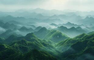 ai generado llevar a la fuerza, China ver terminado el montañas en Brillo Solar foto