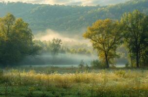 AI generated misty meadow with trees and grass in the background photo