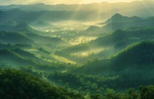 AI generated shin sunrise over green valleys photo