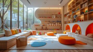 AI generated Toy-Filled Oasis A chic, modern backdrop with ample space for kids' playful activities photo