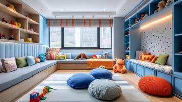 AI generated Toy-Filled Oasis A chic, modern backdrop with ample space for kids' playful activities photo