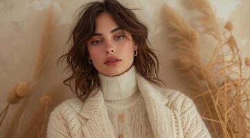 AI generated model poses against tan background while wearing cream colored coat and sweater photo