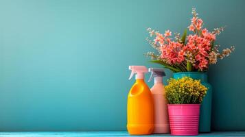 AI generated minimalist vivid advertisment spring cleaning background with copy space photo