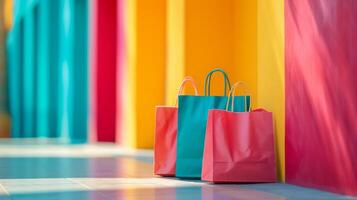 AI generated minimalist vivid advertisment background with shopping bags and copy space photo