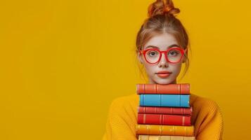 AI generated minimalist vivid advertisment background with handsome girl with books and copy space photo