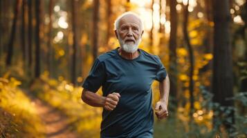 AI generated Senior man going for a run in summer forest photo