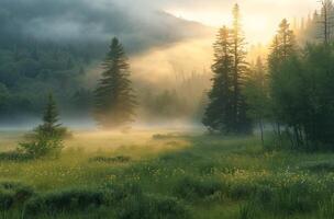 AI generated misty meadow with trees and grass in the background photo