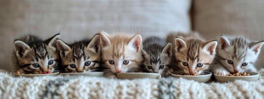 AI generated six small kittens eat food out of a bowl photo