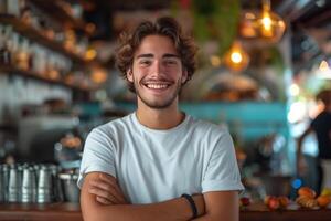 AI generated smiling young man standing in restaurant cafe photo