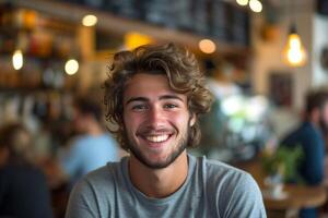 ai generado sonriente joven hombre en pie en restaurante café foto