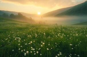 AI generated sunrises, fields, and flowers in the grass photo