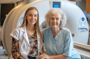 AI generated senior patient and nurse are posing for a picture with an emr machine photo