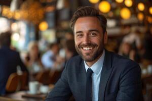 AI generated smiling male businessman in business suit in cafe photo