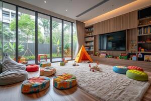 AI generated Toy-Filled Oasis A chic, modern backdrop with ample space for kids' playful activities photo