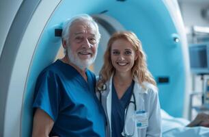 AI generated senior patient and nurse are posing for a picture with an emr machine photo