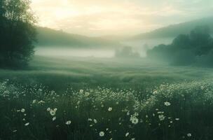 AI generated sunrises, fields, and flowers in the grass photo