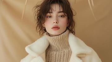 AI generated model poses against tan background while wearing cream colored coat and sweater photo