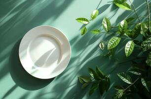 AI generated white plate on a green background photo