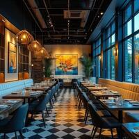 AI generated A chic, modern interior invites patrons to indulge in a stylish dining rendezvous photo