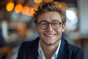 AI generated young businessman smiles in cafe photo