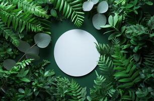 AI generated white circle on green leaves photo