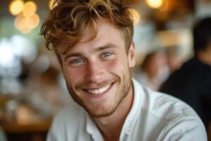 AI generated young businessman smiles in cafe photo