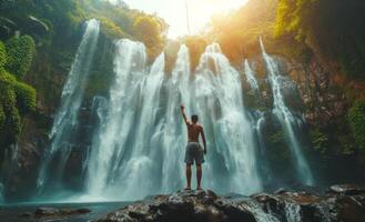 AI generated travel trip to nicaragua with a boy taking selfie with waterfall and waterfall photo