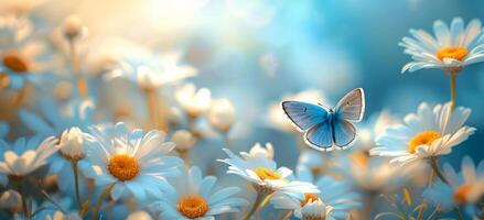 AI generated white daisies and a blue butterfly flying in the sky photo