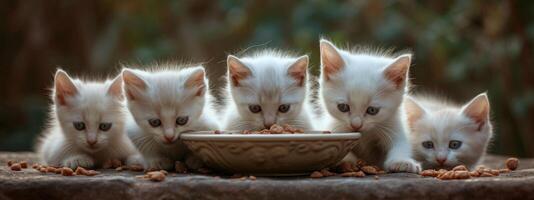 AI generated white kittens at a bowl of food, photo