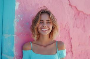 AI generated woman smiling with arms relaxed young happy healthy girl photo