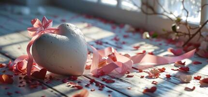 AI generated a white heart in pink on a table with ribbon and bow photo