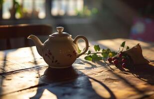 AI generated a white teapot with a satchel of tea on a wooden table photo