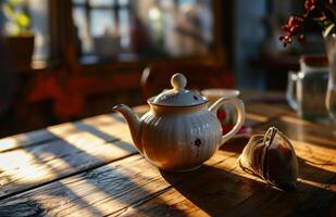 AI generated a white teapot with a satchel of tea on a wooden table photo