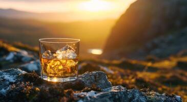AI generated a whisky glass with ice sitting in the sun photo