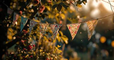 AI generated a view of colorful bunting hung from a tree photo