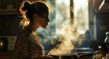 ai generado un mujer en el cocina con un humeante maceta foto