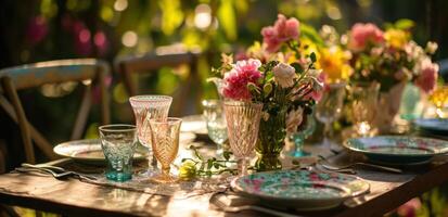 ai generado un mesa conjunto arriba con lentes y flores foto