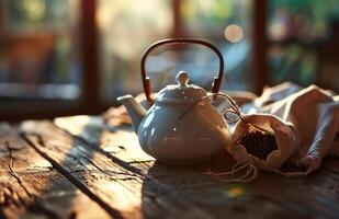 AI generated a white teapot with a satchel of tea on a wooden table photo