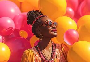 AI generated attractive woman wearing sunglasses with colourful balloons photo