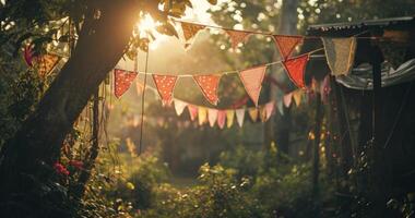 ai generado un al aire libre jardín escena con de colores pancartas foto