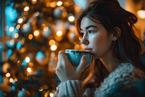 ai generado asiático mujer Bebiendo un café a hogar debajo Navidad árbol foto