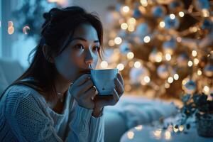 ai generado asiático mujer Bebiendo un café a hogar debajo Navidad árbol foto