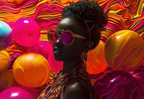 AI generated attractive woman wearing sunglasses with colourful balloons photo