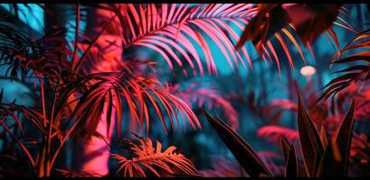 AI generated colorful and glowing palm leaves at night photo