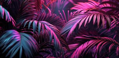 AI generated colorful and glowing palm leaves at night photo