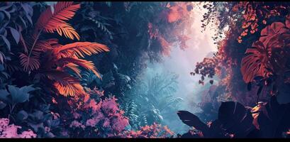 AI generated colorful jungle with trees and leaves photo