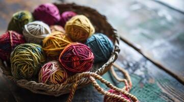 AI generated colorful balls of yarn are placed in a basket on a wood table photo