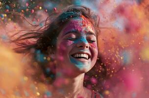 AI generated colorful powder falling on a smiling woman photo