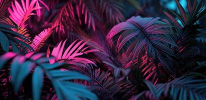 AI generated colorful and glowing palm leaves at night photo
