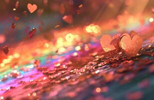 AI generated confetti pink hearts flying over a rainbow illuminating light photo